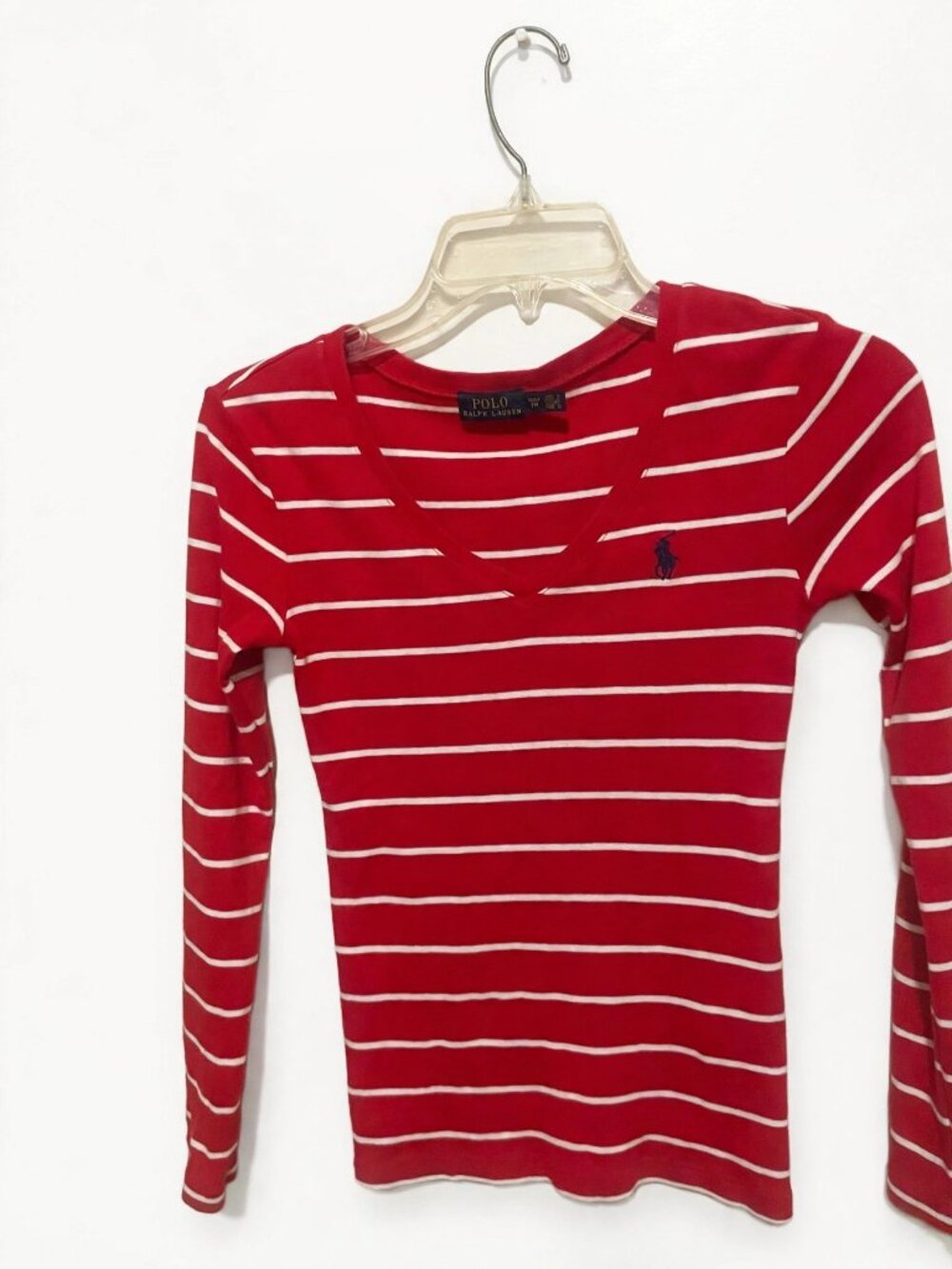 Polo Ralph Lauren Red White Striped V-Neck Long Sleeve Top XS NWOT